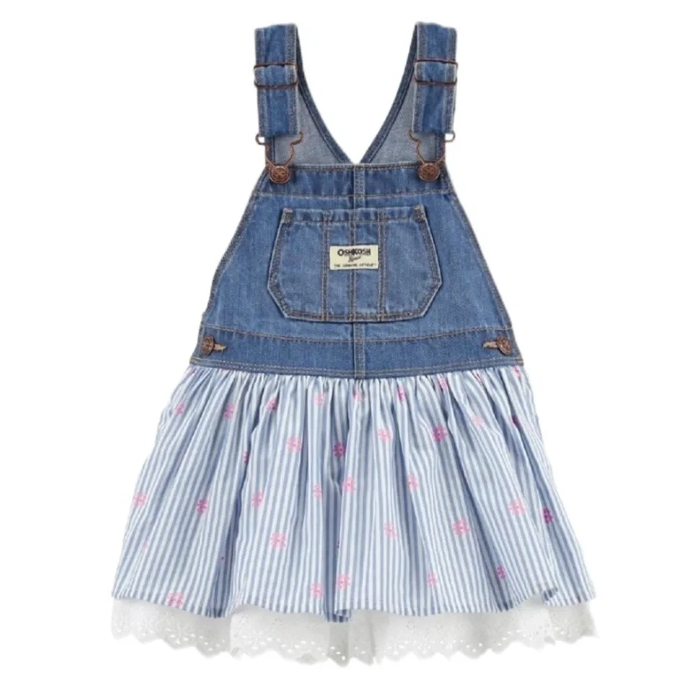 OshKosh B’Gosh Striped Denim Overall Jumper 5T Eyelet Lace Pink Flowers GUC